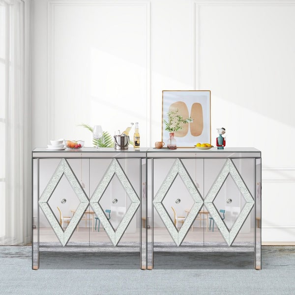 Diamond Silver 32.5 in.Accent Cabinet Office Storage Cabinet with 2 Shelves and Mirror Trim,Diamond Design&Glass Effect