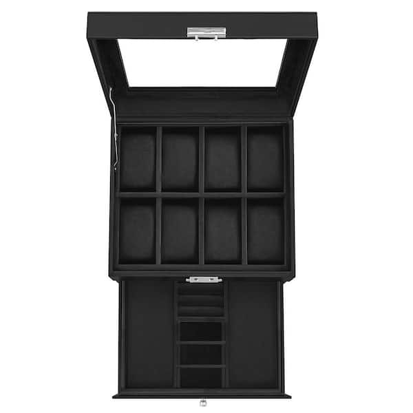 Black PU Leather 8-Slot Watch Box with Glass Lid and Black Lining