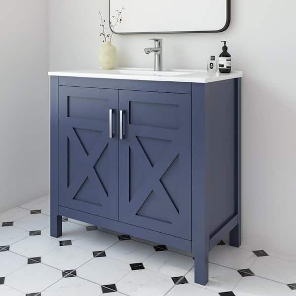 Silvia 36.25 in. W x 18.5 in. D x 35 in. H Single Sink Freestanding Bath Vanity in Marine Blue with White Ceramic Top