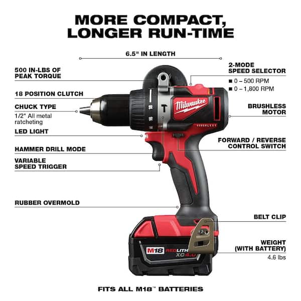 Milwaukee Tool 2704-22 Hammer Drill/Driver Kit 18 Volt 1/2 Inch x 7.75 Inch  M18＆trade; Fuel＆trade;