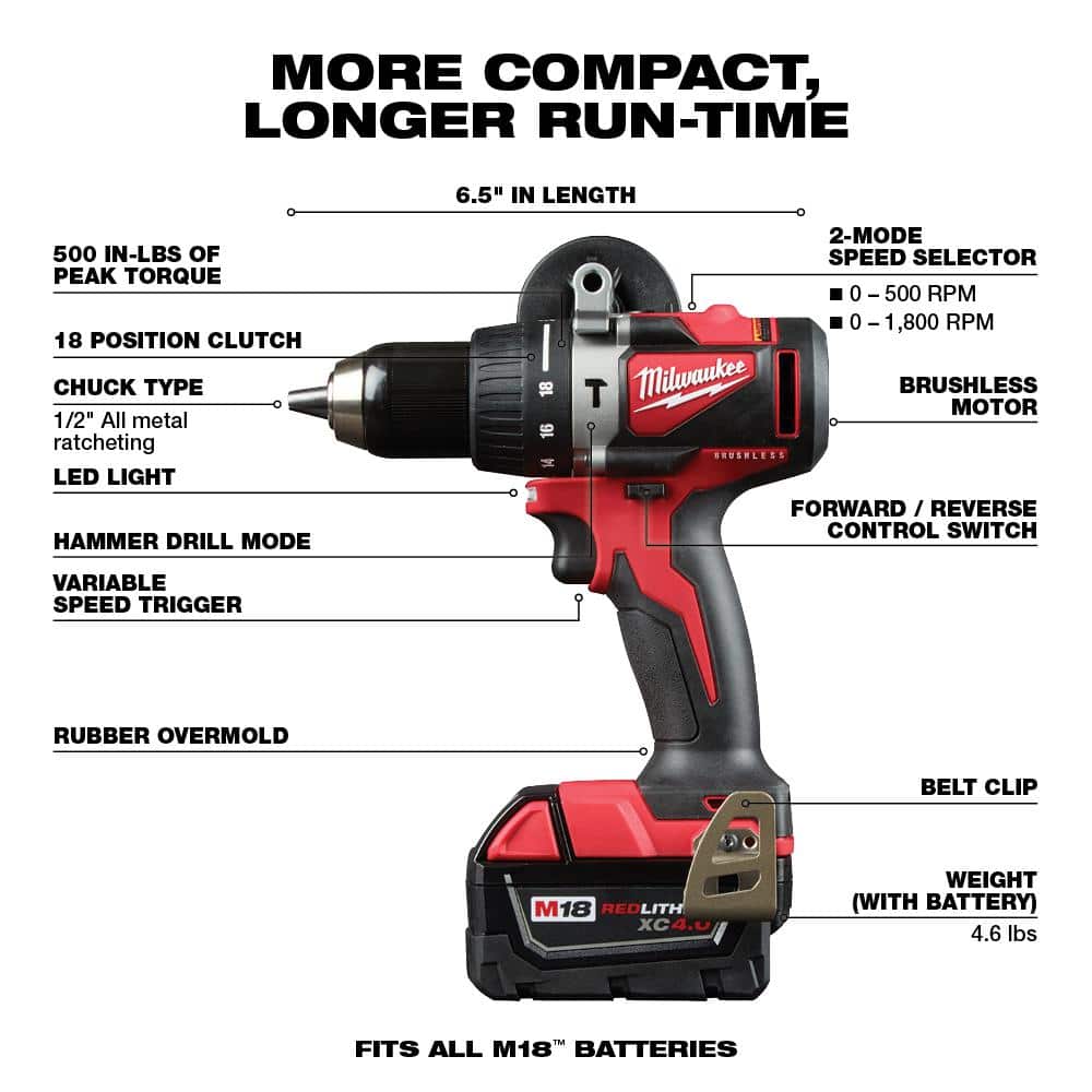 M18 18V Lithium-Ion Brushless Cordless Hammer Drill/Impact Combo Kit (2-Tool) with 2 Batteries, Charger and Bag - 2