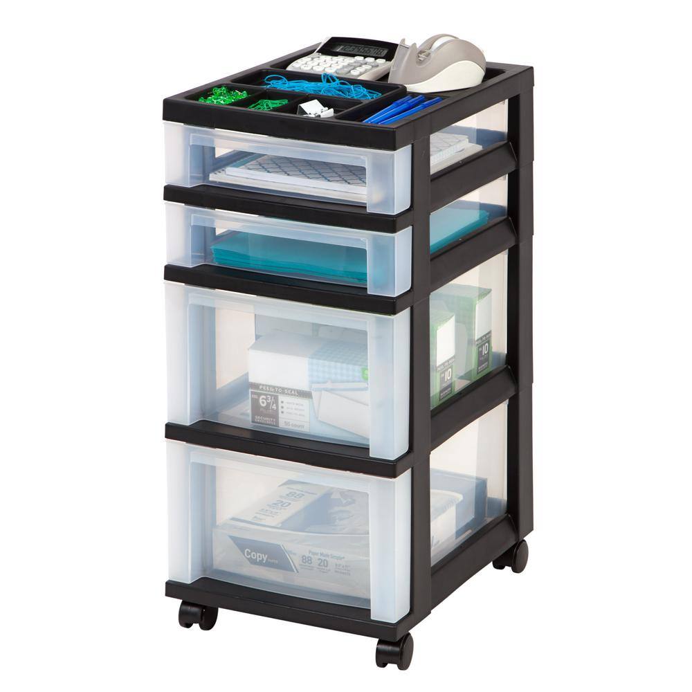 Sleek Black 4-Drawer Rolling Storage Tower with Organizer Top
