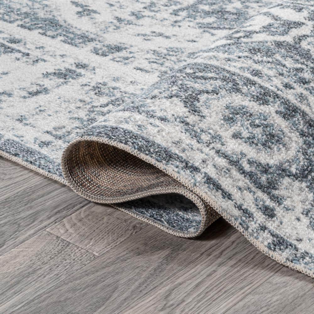 Keesha Blue and Cream Medallion Washable Area Rug 5'3" x 7'7"