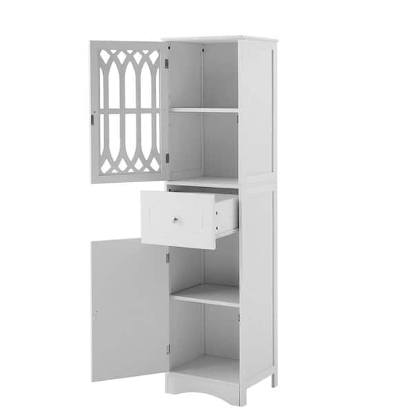 cadeninc 14.2 in. W x 16.5 in. D x 63.8 in. H White Bathroom Linen Cabinet Storage Cabinet with Adjustable Shelves, Drawer, Doors