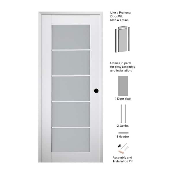 Smart Pro 32 in. x 80 in. Left-Handed 5-Lite Frosted Glass Polar White Composite Core Wood Single Prehung Interior Door
