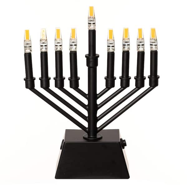 Wall Mount 9-Branch Hanukkah Menorah with LED Candles Illuminated Display Contemporary Decorative Accent V-Shape Black