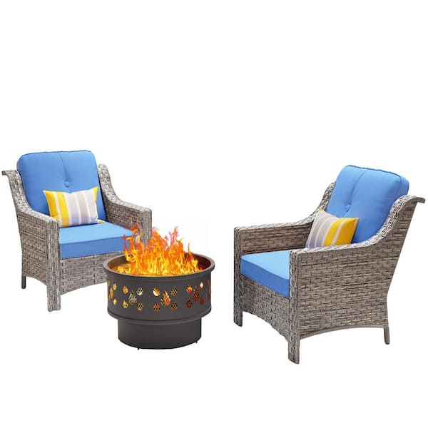 Eureka Gray 3-Piece Wicker Outdoor Patio Conversation Chair Set with a Wood-Burning Fire Pit and Blue Cushions