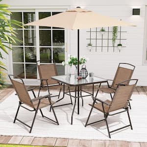 6-Piece Metal Square Outdoor Dining Set in Brown and Tan Umbrella