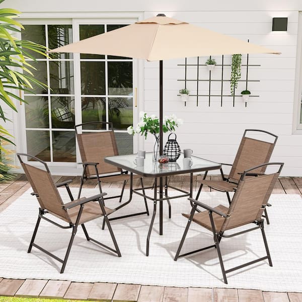 Pellebant 6-Piece Metal Square Outdoor Dining Set in Brown and Tan Umbrella