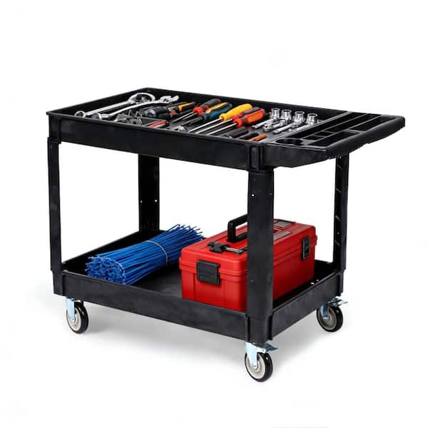 46x25x33.5 Inch 2 Shelf Utility Service Cart, 550LBS Heavy Duty PP Rolling Cart with 360° Swivel Brake Wheels