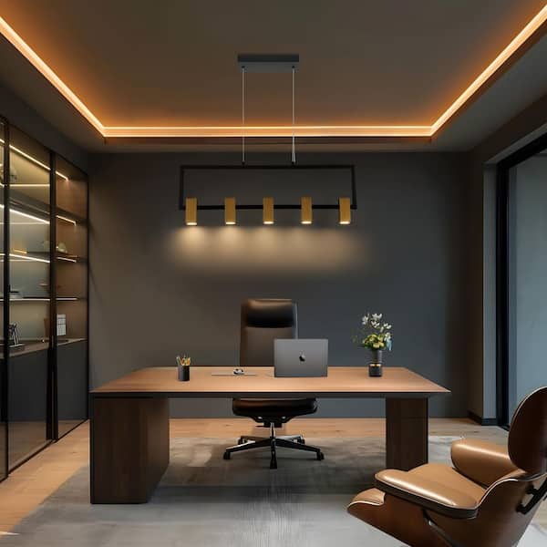 24W Integrated LED 5-Light Brass Linear Chandelier Modern Black Kitchen Island Pendant Light Farmhouse Light Fixture