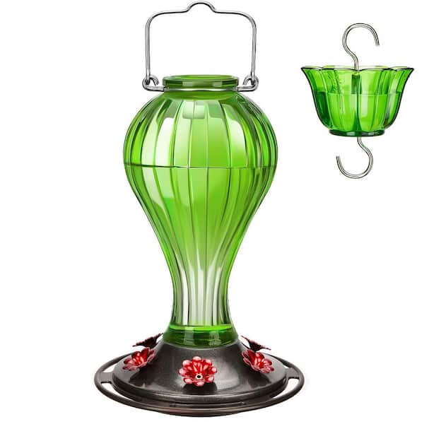Phewnyzo High Quality Green Glass Hanging Humming Bird Nectar Feeder-24 oz. with Ant Moat (1-Pack)