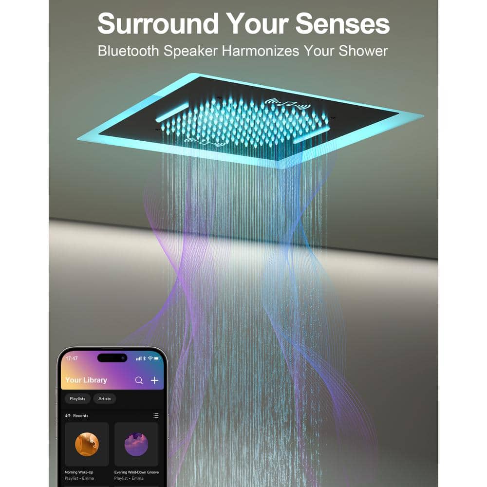 Matte Black 20" LED Ceiling Shower System with Bluetooth Speaker