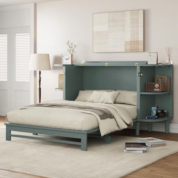 Harper & Bright Designs Venus Teal (Blue) Wood Frame Full Size Murphy Bed with USB Ports, Open Shelves