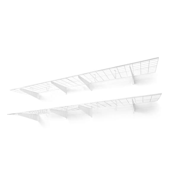 96 in. W x 18 in. D White Metal Garage Wall Shelf, Wall Mounted Garage Shelves with 2 Bike Hooks, (Pack of 4)