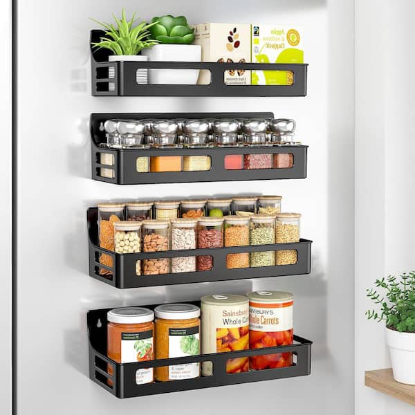 Magnetic Spice Rack 4 Shelves Black Magnetic Mount Kitchen Organization and Storage Seasoning Rack