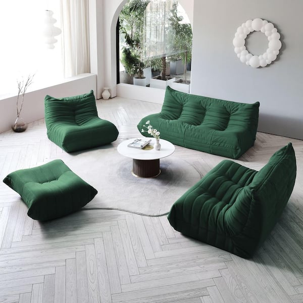 J&E Home 68.9 in. W Armless Teddy Velvet 4-piece Modular Lazy Floor Sectional Sofa with Ottoman in Green