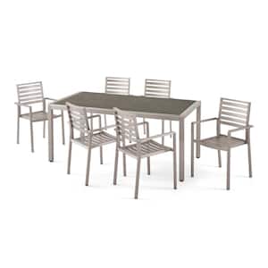 Cape Coral 30.25 in. Silver 7-Piece Metal Rectangular Patio Outdoor Dining Set