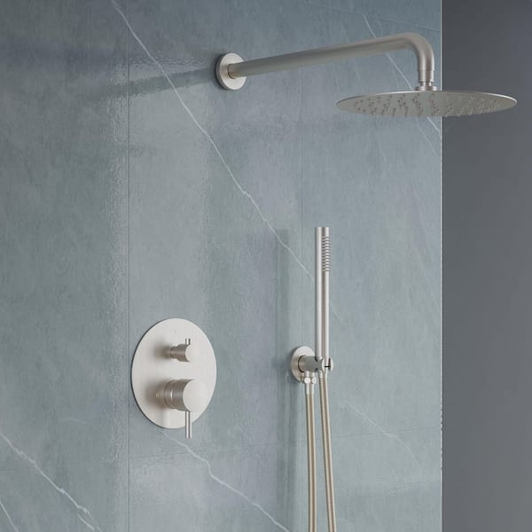 2-Spray 10 in. Wall Dual Fixed and Handheld Shower Head 2.5 GPM in Brushed Nickel Pressure Balance Valve Shower Faucet