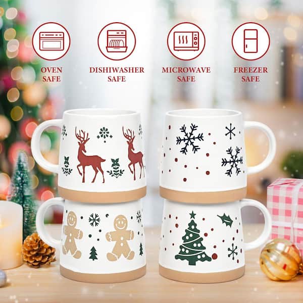 Numhew White Ceramic 14 oz. Christmas Coffee Mugs Set with Festive Christmas Themed Design (Set of 4)