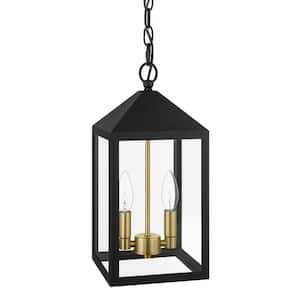 Marion 15.25 in. 2-Lights Black with Gold Accents Hanging Outdoor Pendant Light with Clear Glass and No Bulb Included