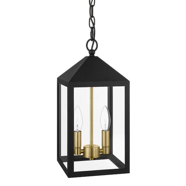 Hampton Bay Marion 15.25 in. 2-Lights Black with Gold Accents Hanging Outdoor Pendant Light with Clear Glass and No Bulb Included