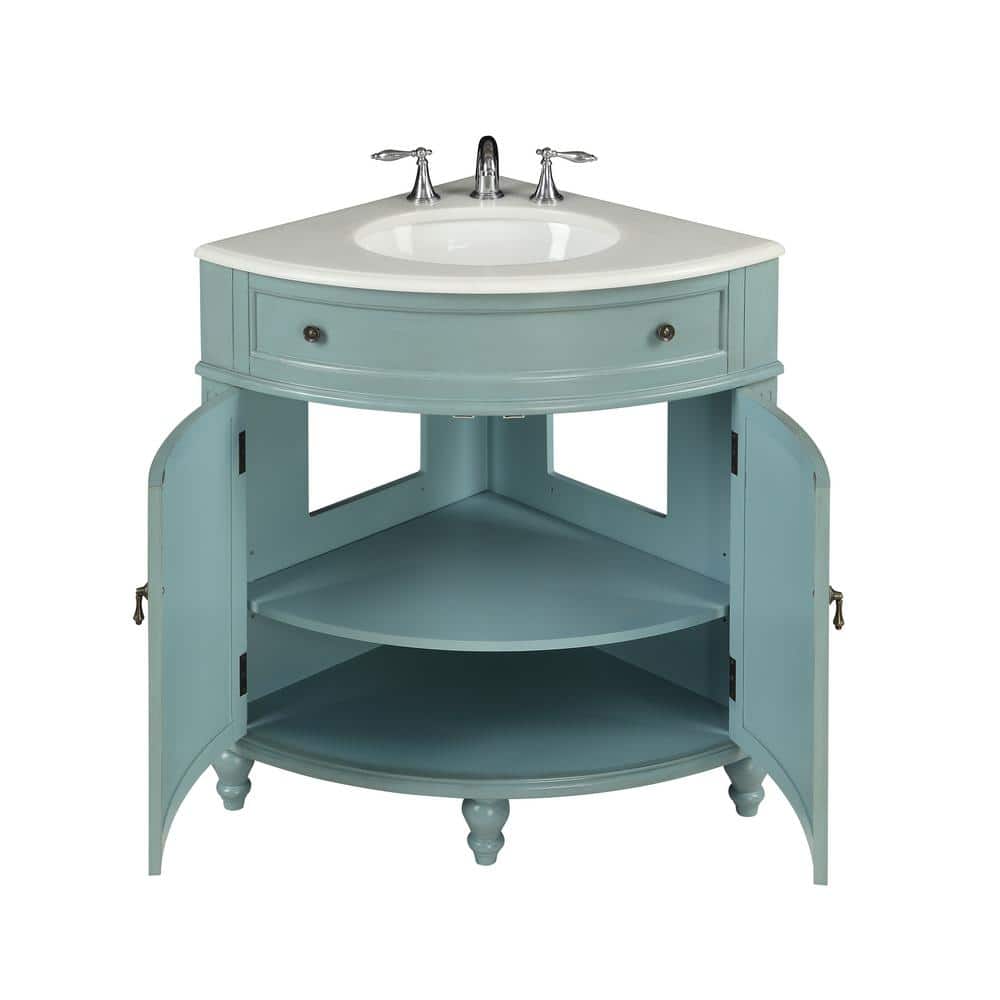 24" Light Blue Wood Corner Bathroom Vanity with White Marble Top