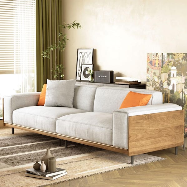82.67 in. Modern 3-Seater Sofa Square Arm with Engineered Wood Frame and Washable Linen Cover Deep Seat Couch Grey