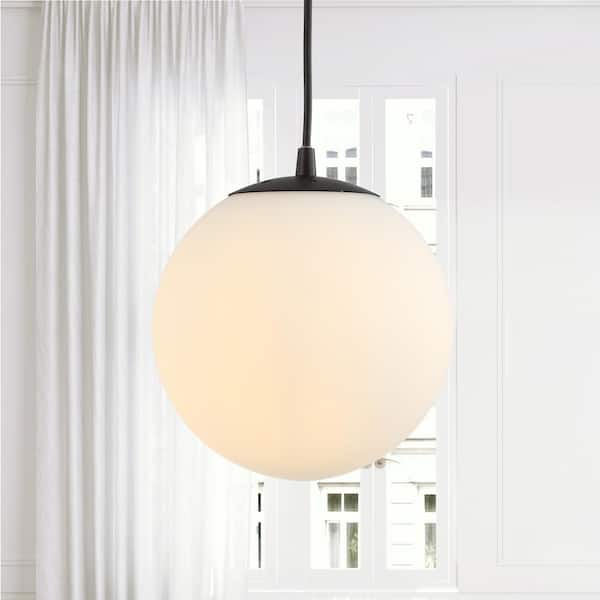 JONATHAN Y Bleecker 7.75 in. 1 -Light White/Oil Rubbed Bronze Metal/Glass Globe LED Pendant