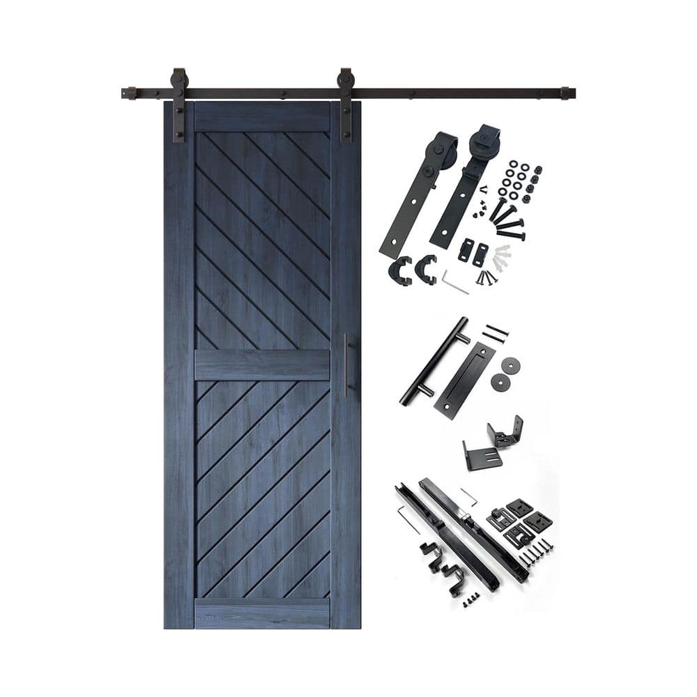 XT4 30 in. x 80 in. C-Panel Navy Slanted Stripe Design Solid Pine Wood Sliding Barn Door with Hardware Kit price history on PriceWatchPro