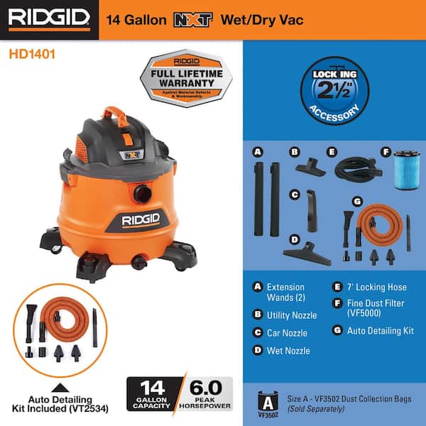 Ridgid 14 gal. 6.0-Peak HP NXT Wet/Dry Shop Vacuum with Filter, Hose and Accessories