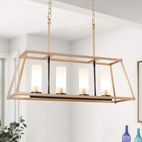 28.5 in. 4-Light Modern Gold Island Chandelier, Transitional Black Cage Chandelier, Frosted Glass LED Pendant Light