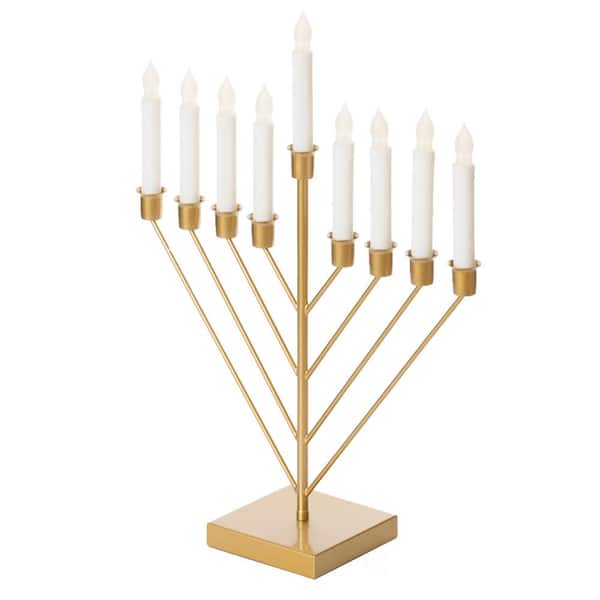 Vintiquewise Nine Branch Electric Chabad Judaica Chanukah Menorah with LED Candle Design Candlestick in Gold