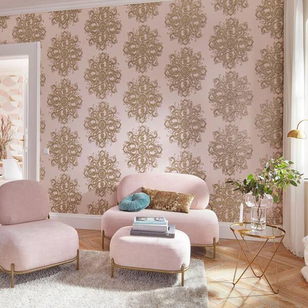 Elle Decor Non-Pasted Depot Home 57 Vinly on Decoration 10154-05 Baroque ELLE Non-Woven Damask Roll - Blush The (Covers sq.ft) Collection Wallpaper Pink/Gold