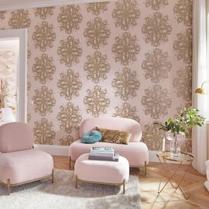 ELLE Decoration Collection Blush Pink/Gold Baroque Damask Vinly on Non-Woven Non-Pasted Wallpaper Roll (Covers 57 sq.ft)