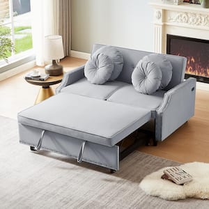 54.7 in. Light Gray Selected Bella Fabric Twin Sofa Bed with Adjustable Backrest, USB Ports and 4 Floral Lumbar Pillows