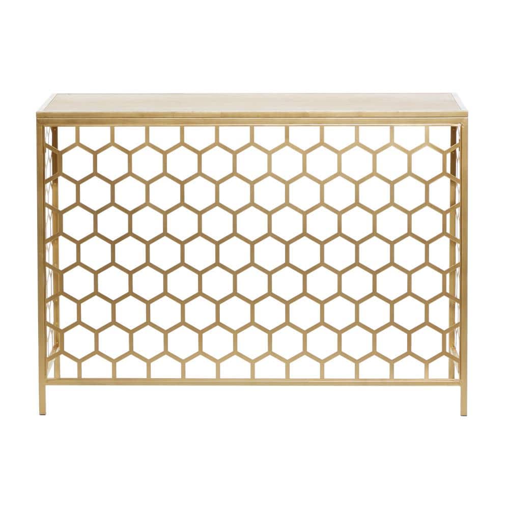 Elegant Gold Metal and Brown Wood Console Table with Honeycomb Pattern, 42"