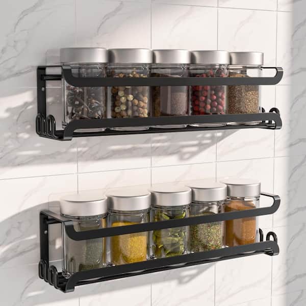 Wall Mounted Spice Rack with 8 Hooks for Kitchen, RV, Stove, Cabinet, and Pantry Door Organization, Black (2-Pack)