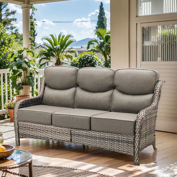 Arcadia Gray Wicker Outdoor 3-Seat Couch with High Curved Back and 6 in. Thick Gray Box-Edge Cushions