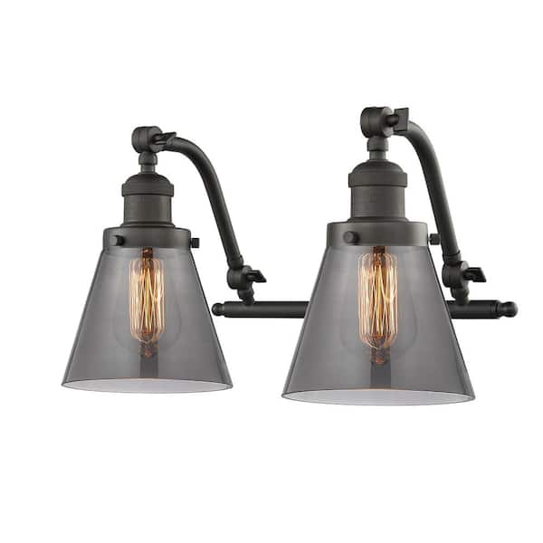 Innovations Cone 18 in. 2-Light Oil Rubbed Bronze Vanity Light with Plated Smoke Glass Shade
