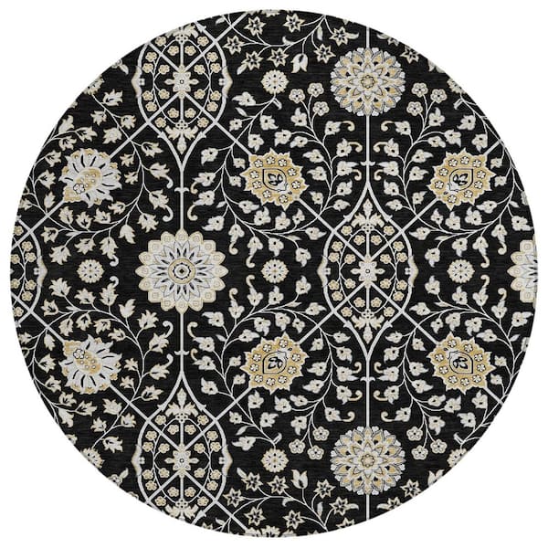 Chantille Machine Washable Indoor/Outdoor Abstract ACN3047 Black 8 ft. x 8 ft. Round Rug