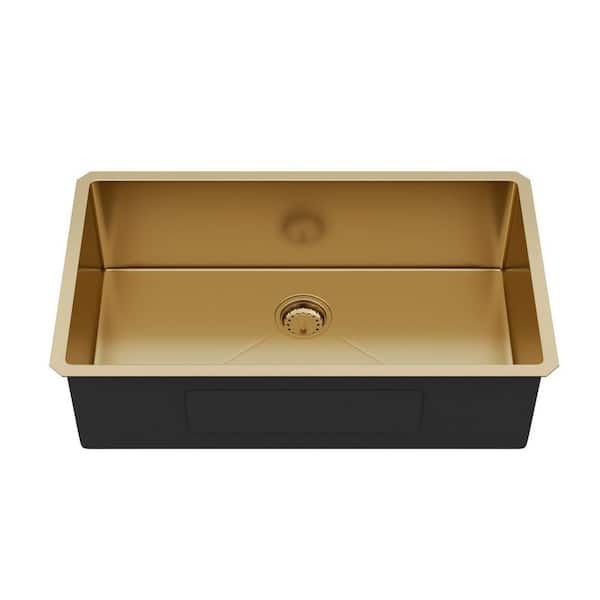 32 in. Undermount Single Bowl 16 Gauge Gold Stainless Steel Kitchen Sink with Bottom Grids