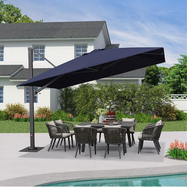 PURPLE LEAF 12 ft. Square Aluminum Large Outdoor Cantilever 360-DegreeRotation Patio Umbrella with Base Plate, Navy Blue