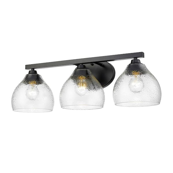 Golden Lighting Ariella 26.375 in. 3-Light Matte Black and Hammered Clear Glass Vanity Light