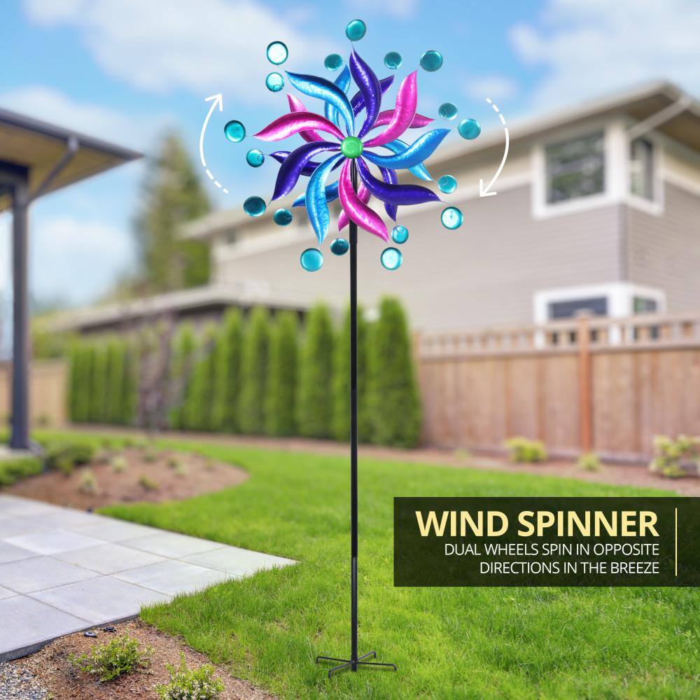 Pink and Blue Metal Double Pinwheel Spinner Garden Stake
