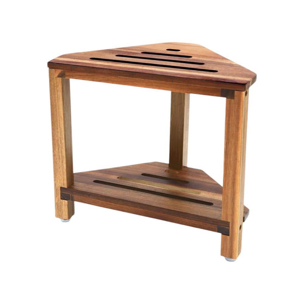 14.5 in. Acacia Wood Corner Shower Stool Chair with Storage Shelf in Brown