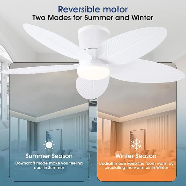 42 in. Indoor White Flush Mount Palm Leaf Ceiling Fan with Integrated LED Light and Remote Control