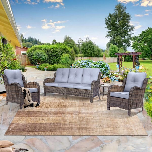 Brown 4-Piece Wicker Patio Conversation Set Outdoor 3-Seat Sofa Armrest Chairs with Gray Cushions and Side Table