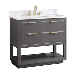 Allie 37 in. W x 22 in. D Bath Vanity in Gray with Gold Trim with Marble Vanity Top in Carrara White with Basin