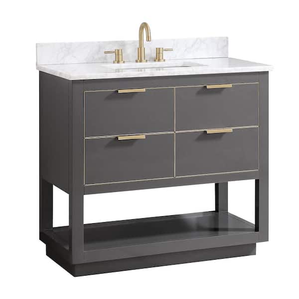 Allie 37 in. Single Sink Twilight Gray with Gold Trim Bath Vanity with Carrara White Marble Top
